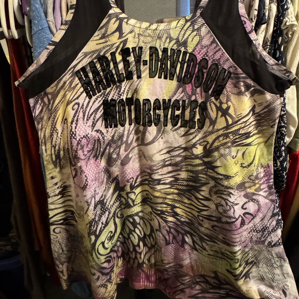 Harley-Davidson Women's Purple and Yellow Graphic Tank Top